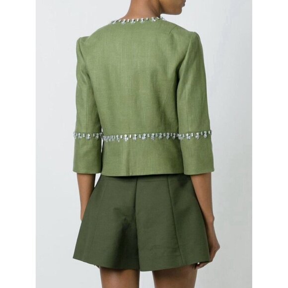 NEW! TORY BURCH Avery Hills Embellished Jacket Linen Blend Green SZ 4 - Picture 10 of 16